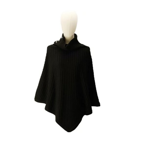 MICHAEL KORS turtleneck ribbed knit buttons women's poncho topper -BLACK - Picture 1 of 9